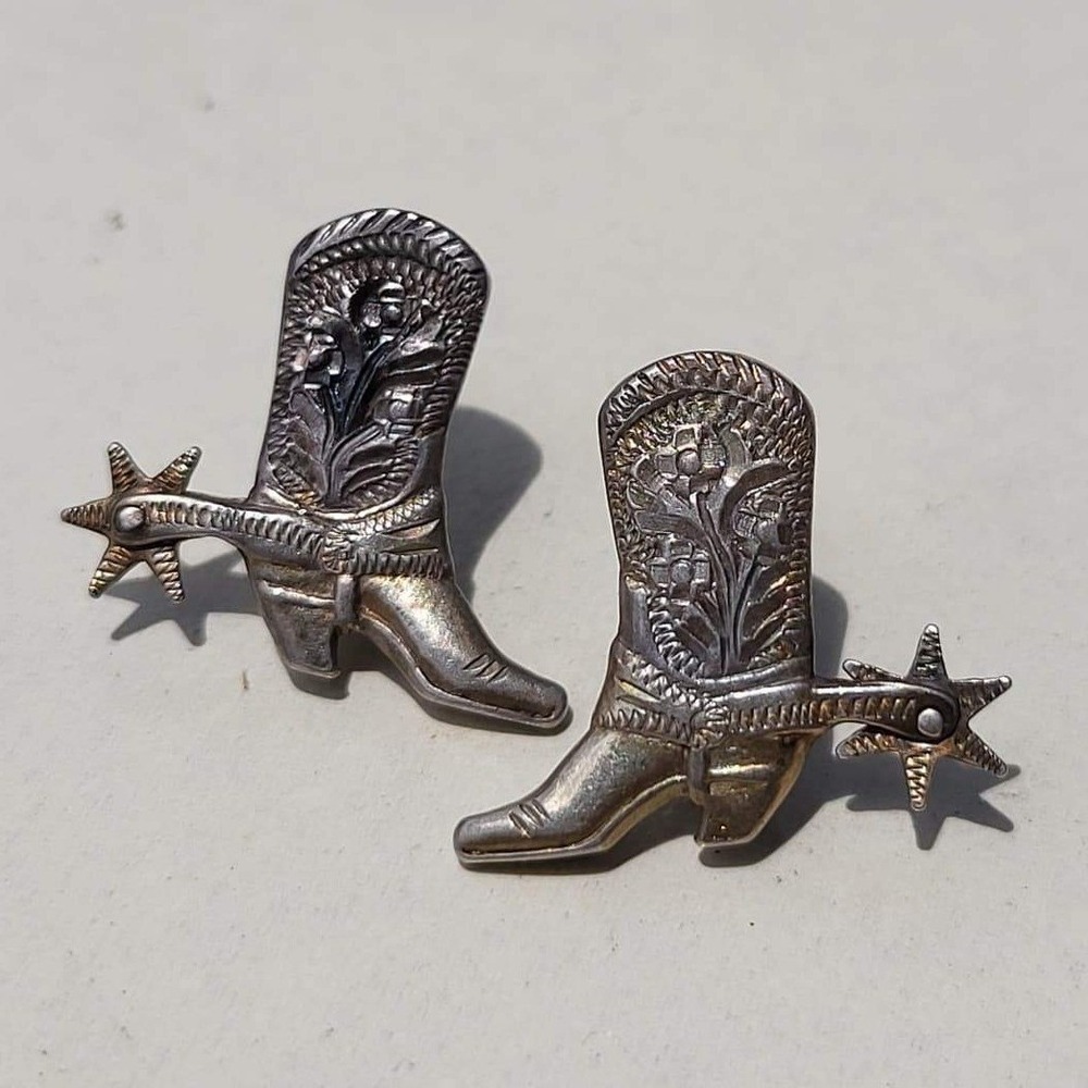 Vintage 925 Sterling Silver Cowgirl Boot Earrings Screw Back Spurs Southwestern